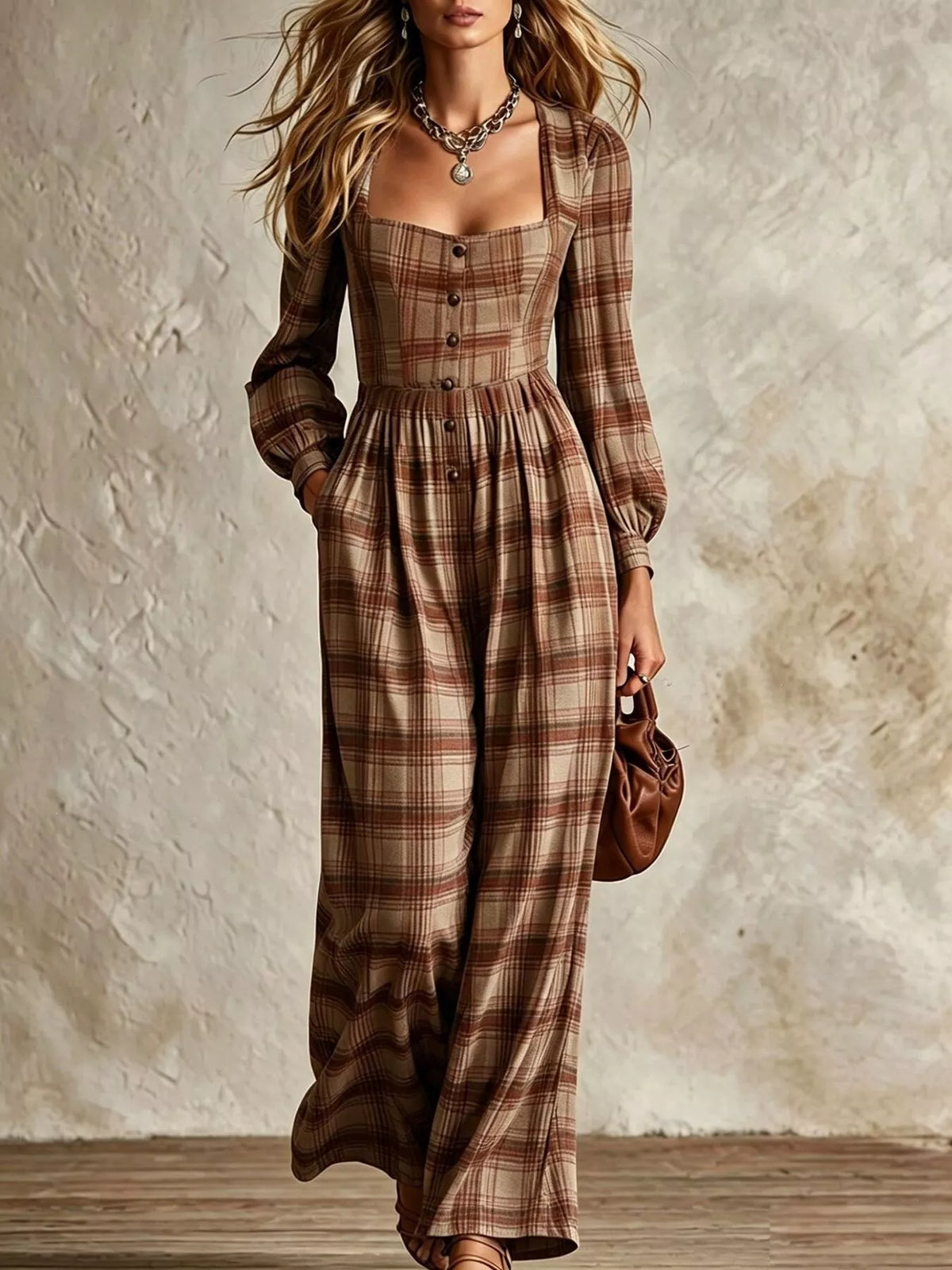 Plaid Square Neck Long Sleeve Wide Leg Jumpsuit