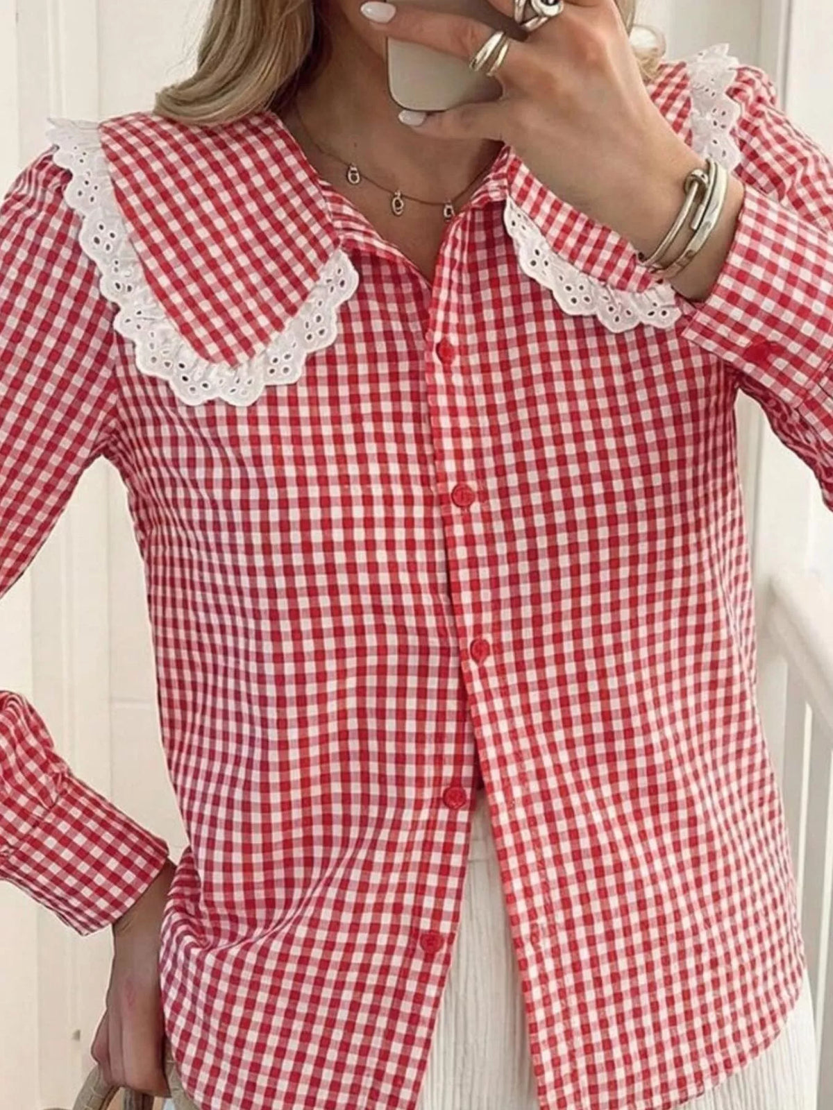 Lace Peter Pan Collar Button Up Shirt, view 4