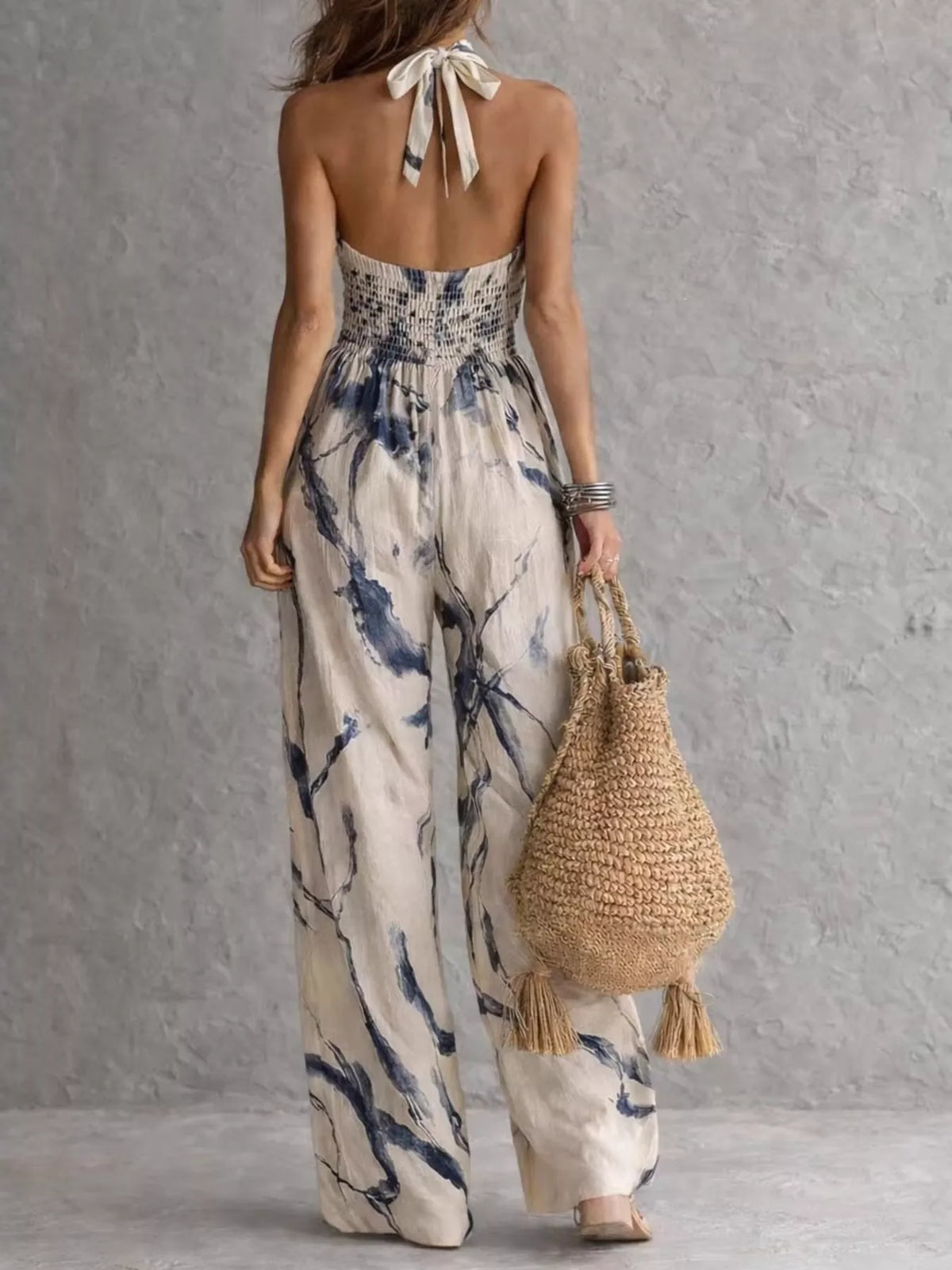 Ink Wash Print Halter Neck Wide-Leg Jumpsuit - Lilixa.store