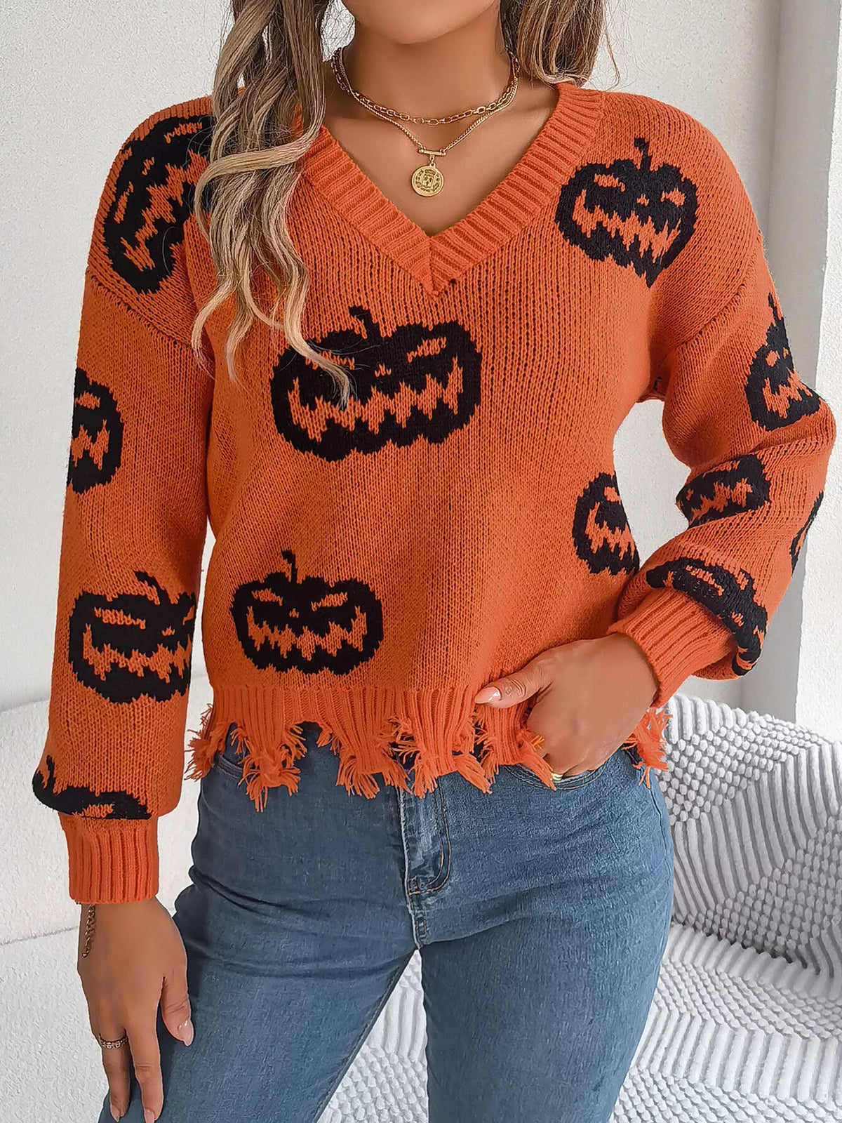 Pumpkin Distressed Hem Sweater