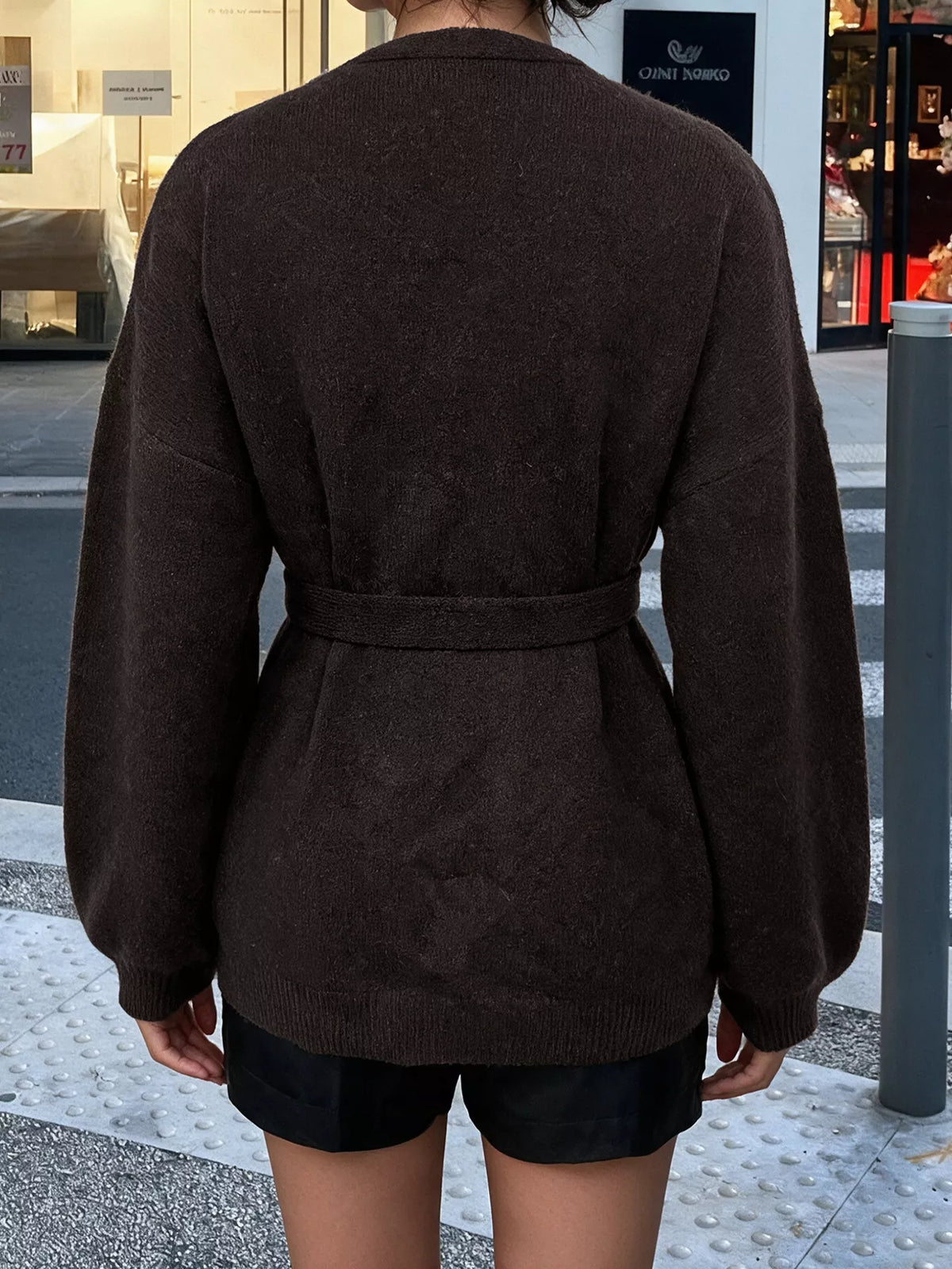 Tie Waist Dropped Shoulder Wrap Cardigan - Lilixa.store
