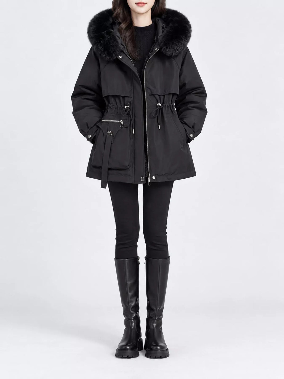 Plus Size Faux Fur Hooded Drawstring Waist Winter Parka Outerwear in Black
