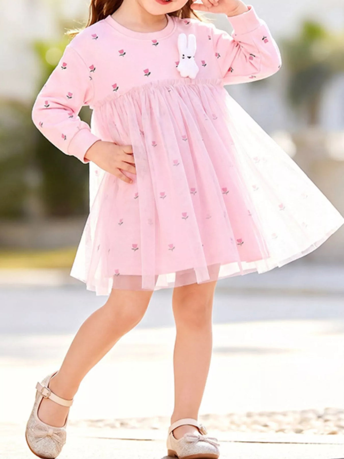 Children's Floral Tulle Dress with Bunny Applique - Lilixa.store