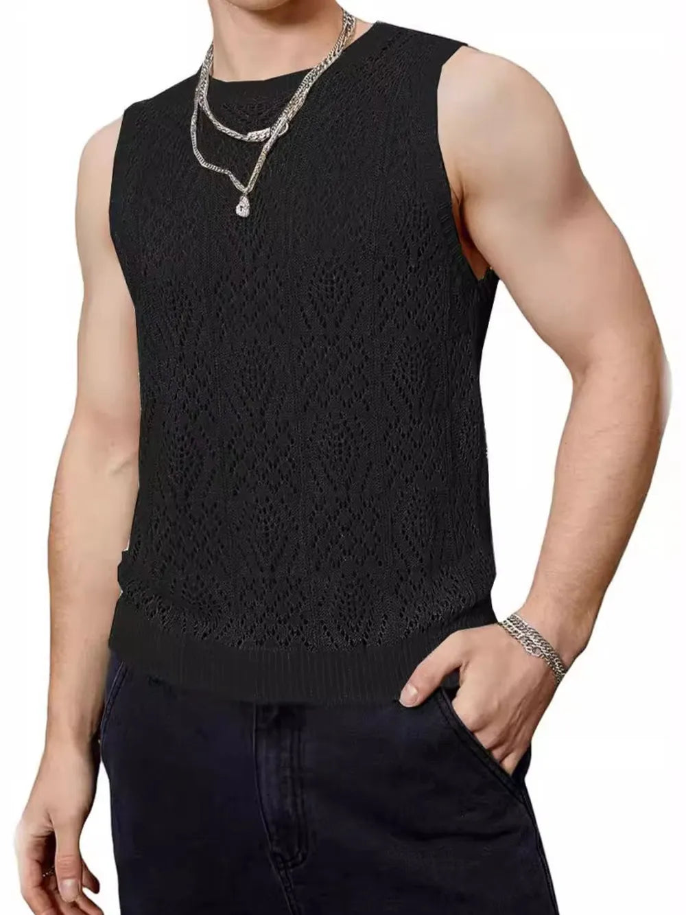 Men's Openwork Round Neck Tank - Lilixa.store