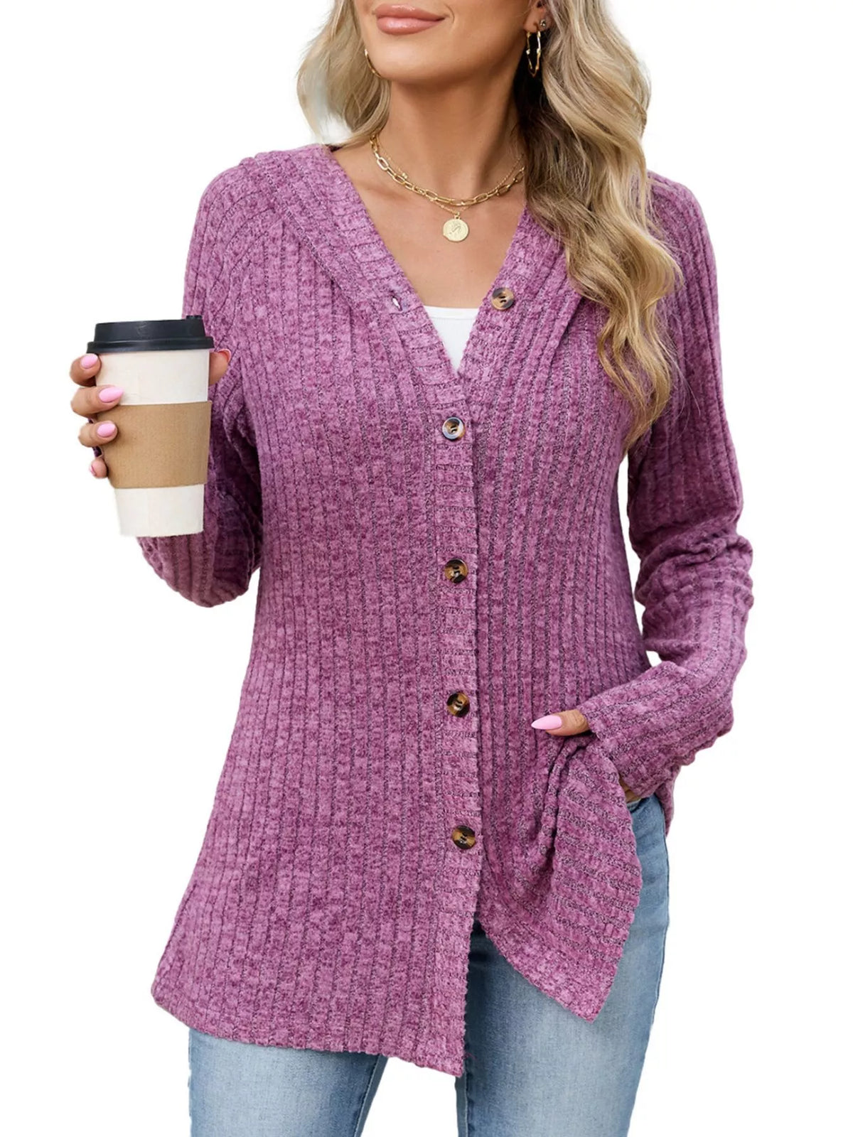 Ribbed Knit Hooded Button-Down Cardigan - Lilixa.store