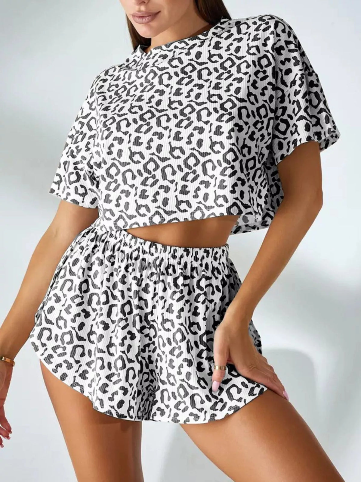 Leopard Print Crop Top and High-Waisted Shorts Set