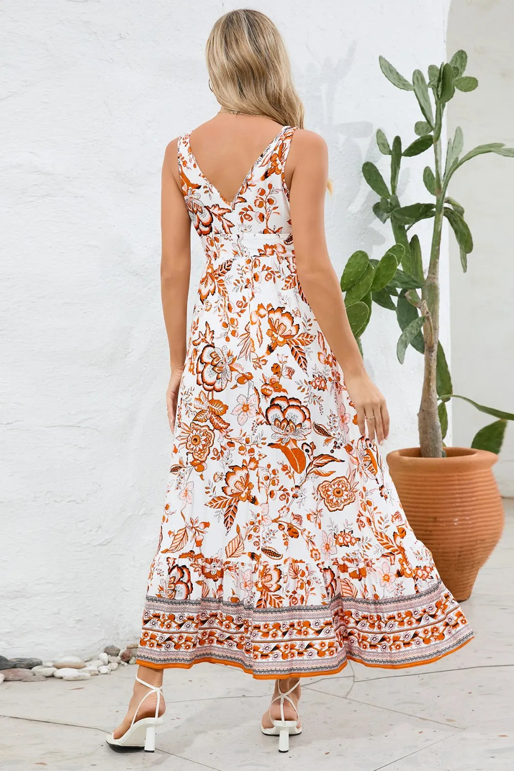 Printed V-Neck Wide Strap Dress - Lilixa.store