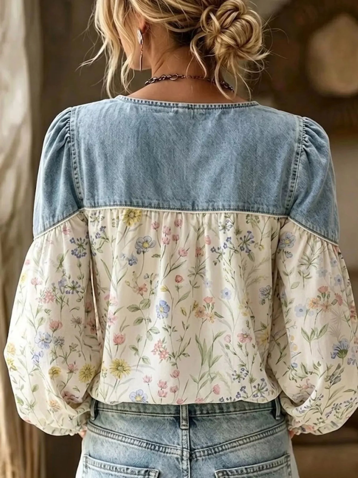 Full Size Denim Patchwork Floral Denim Top Plus Size