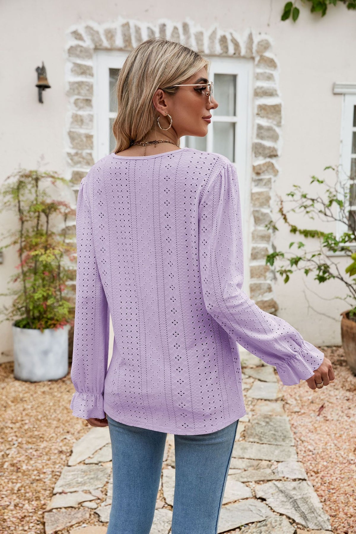 Eyelet Lace Trim Flounce Sleeve Blouse, view 2