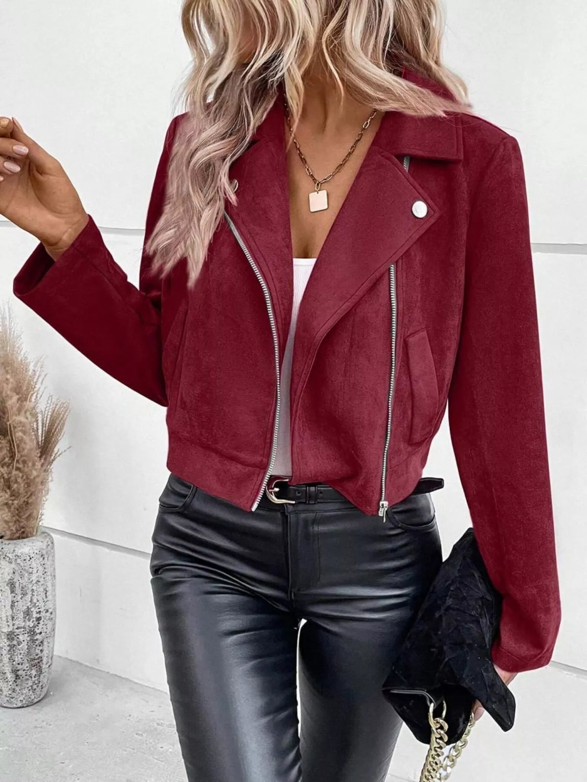 Zip Up Cropped Jacket in Burgundy
