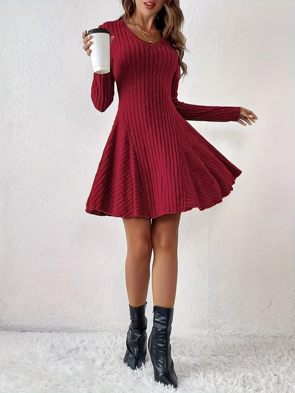 V-Neck Ribbed Knit Flared Knit Dress - Lilixa.store
