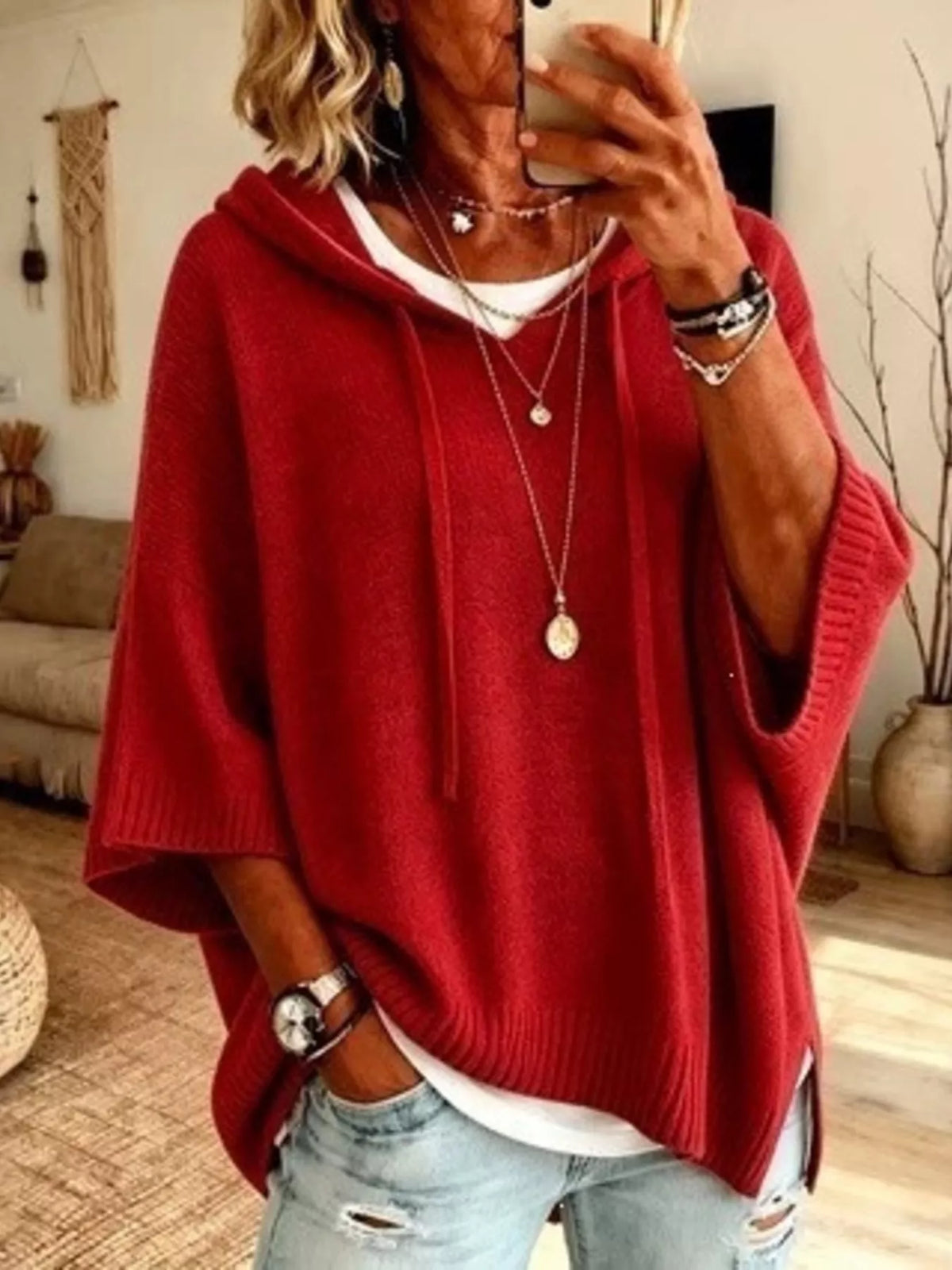 Full Size Casual Hooded Batwing Sleeve Knit Sweater Plus Size - Lilixa.store