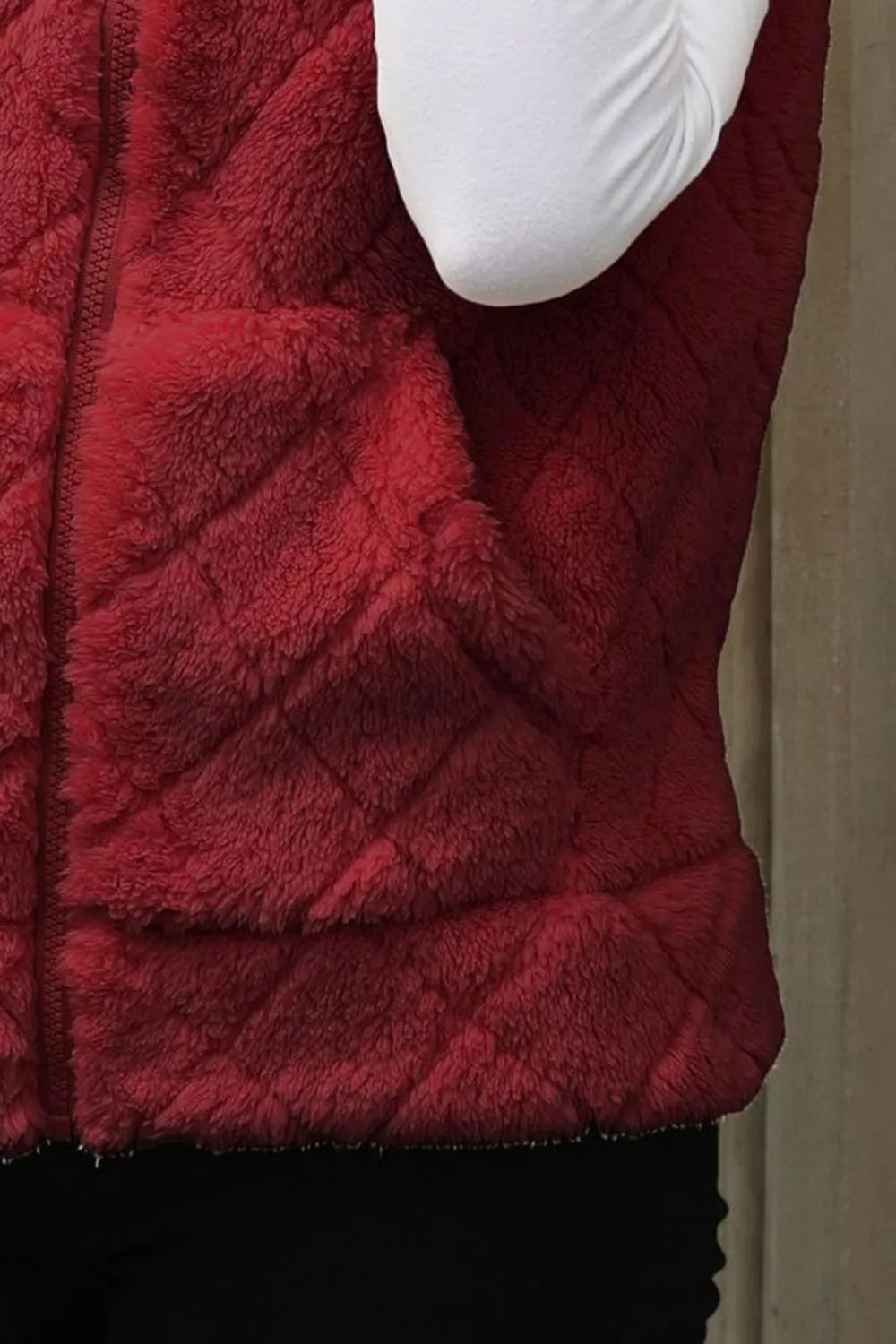 Fuzzy Plaid Texture Zip Up Vest Coat, view 6