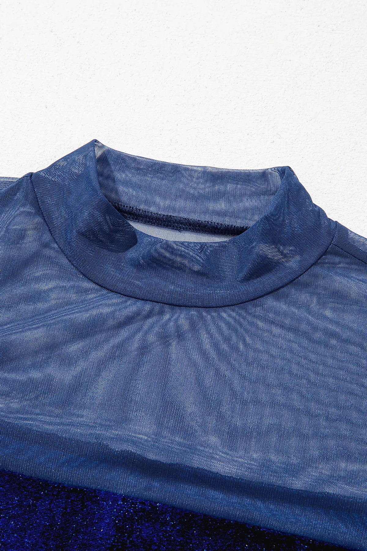 Velvet Long Sleeve Sheer Neck Patchwork Casual Top in Navy, view 7