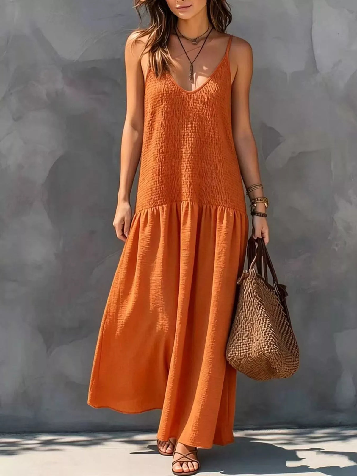 Sleeveless Smocked V-Neck Casual Maxi Dress - Lilixa.store