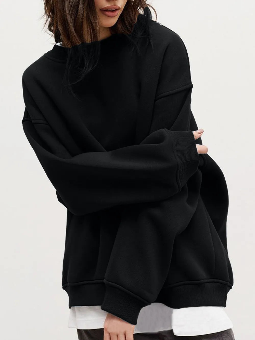 Round Neck Dropped Shoulder Long Sleeve Sweatshirt - Lilixa.store