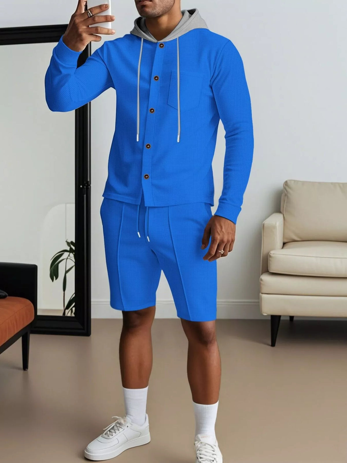 Men's Full Size Casual Hooded Button-Up Top and Shorts Set Plus Size - Lilixa.store