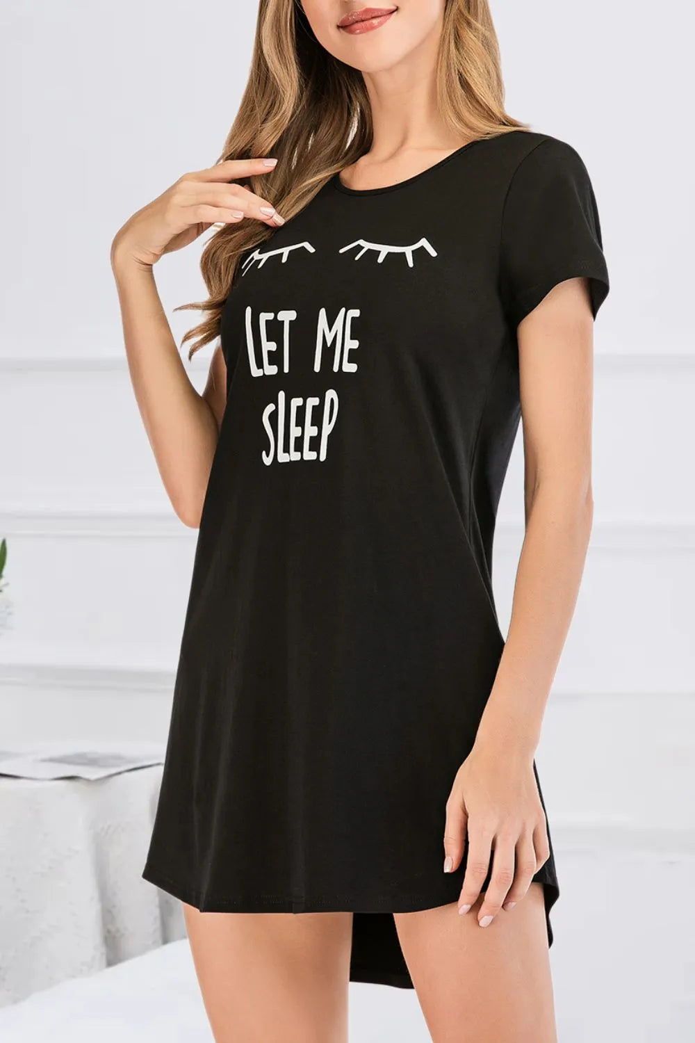 Graphic Round Neck Short Sleeve Lounge Dress in Black