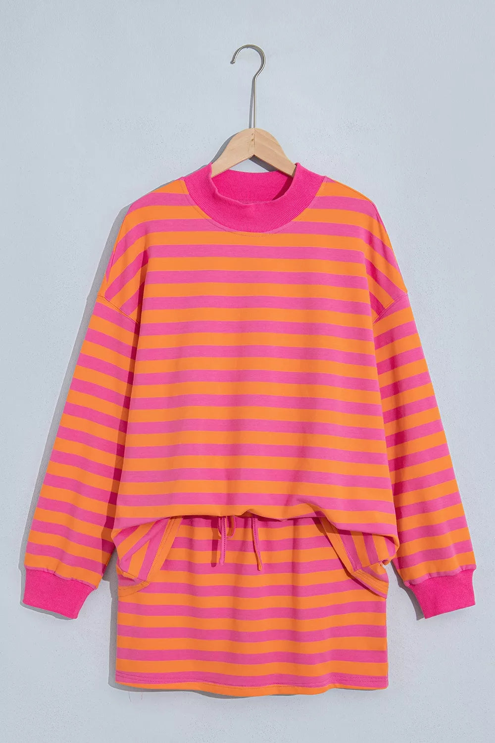 Stripe Color Block Patchwork Mock Neck Pullover Drawstring Mini Skort Set - Lilixa.store