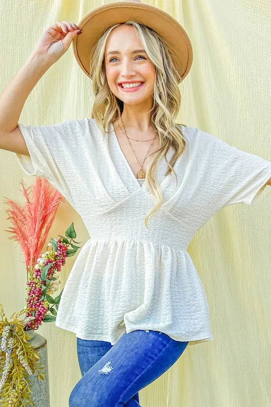 And The Why Textured and Soft V Neck Casual Top in Ivory, view 7