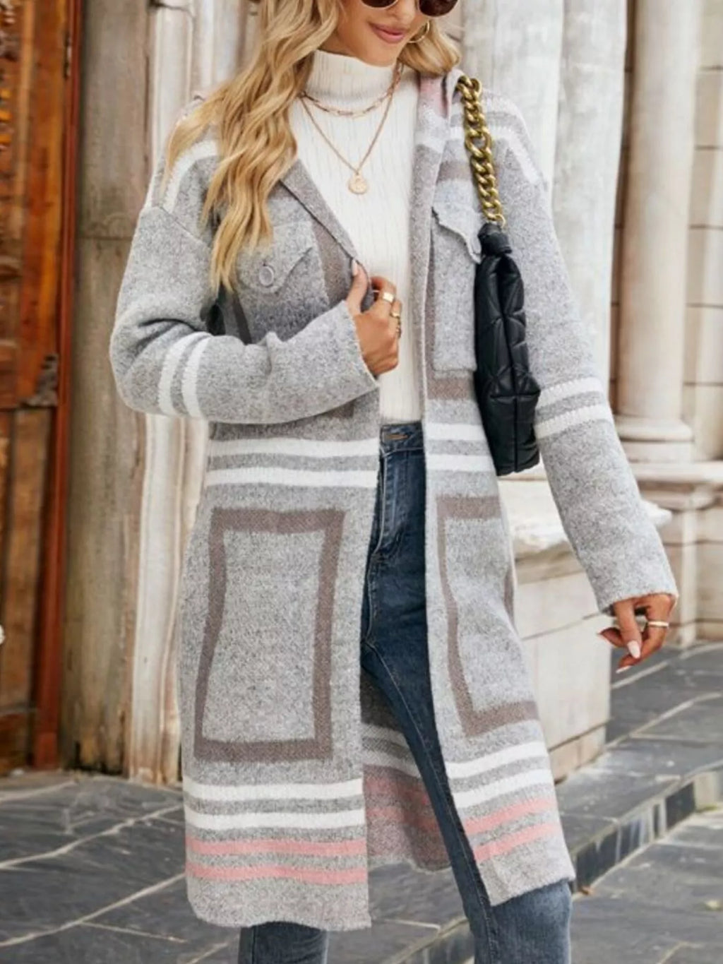Striped Hooded Longline Cardigan - Lilixa.store