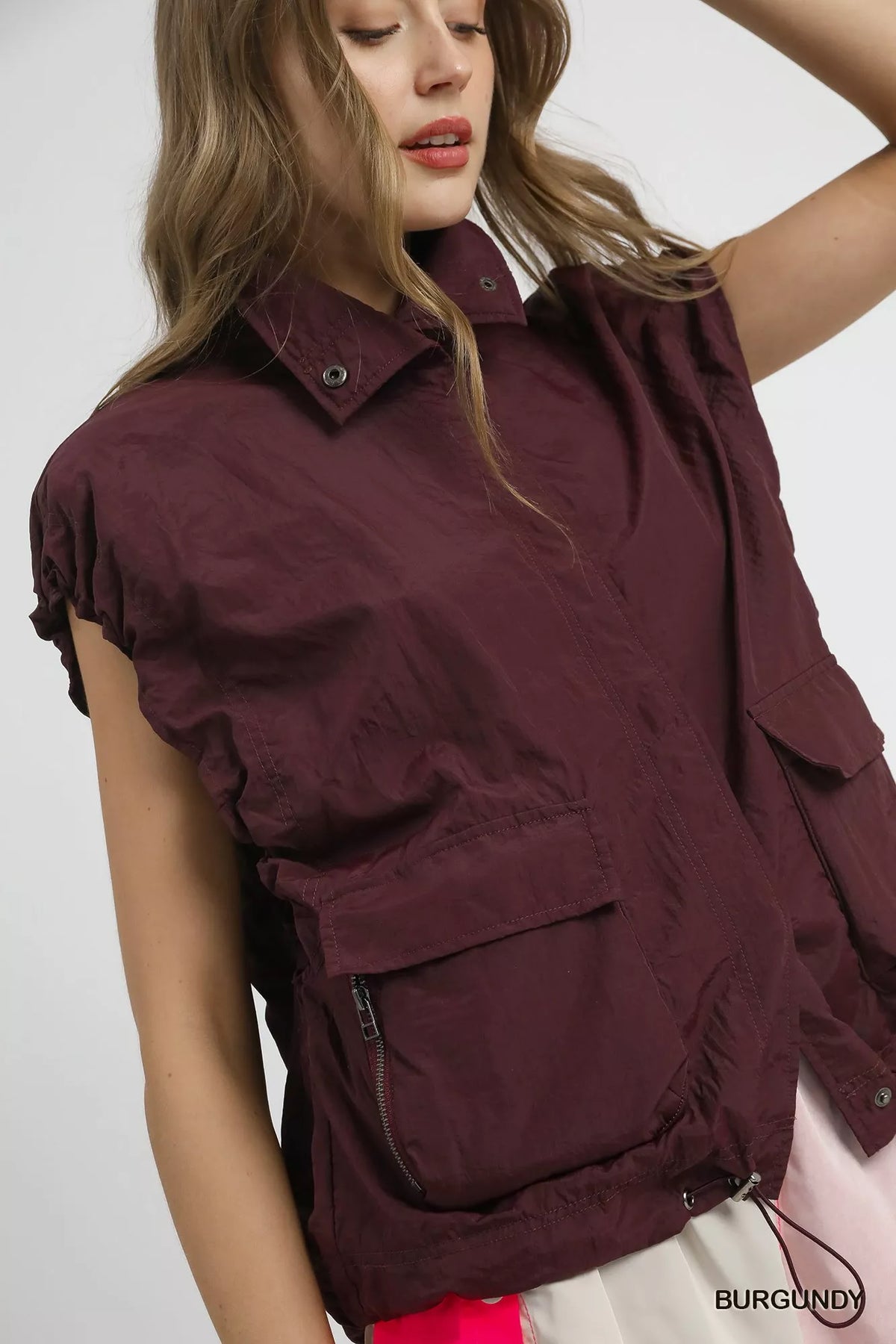 Umgee Drawstring Hem Nylon Vest with Pockets - Lilixa.store