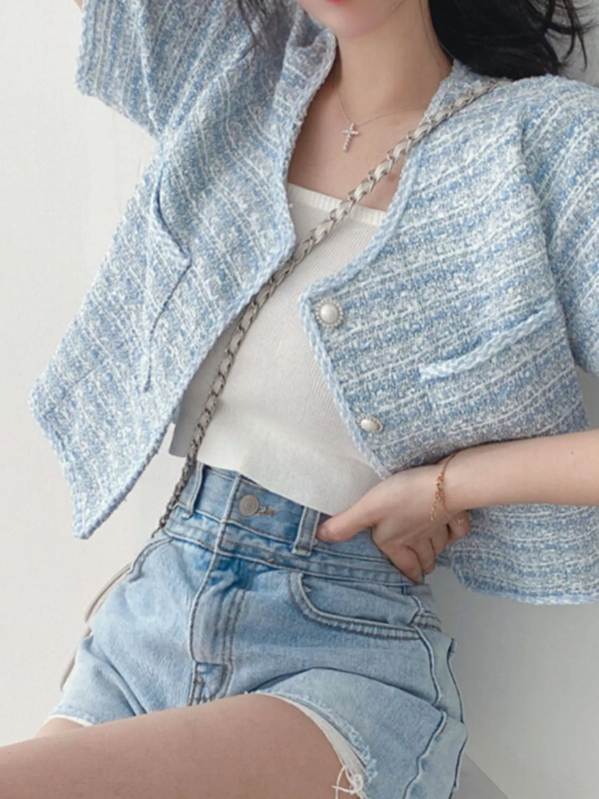 Pearl Button Short Sleeve Tweed Outerwear, view 3