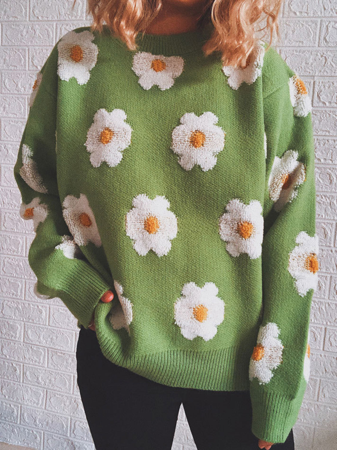 Flower Round Neck Long Sleeve Sweater, view 2