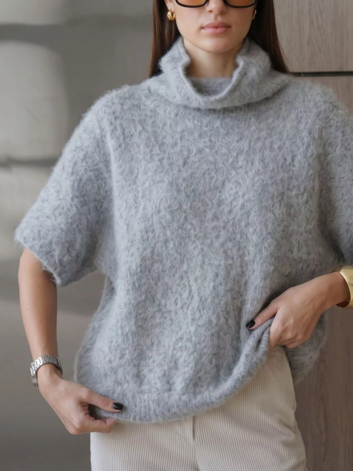 Turtleneck Fuzzy Short Sleeve Sweater, view 12