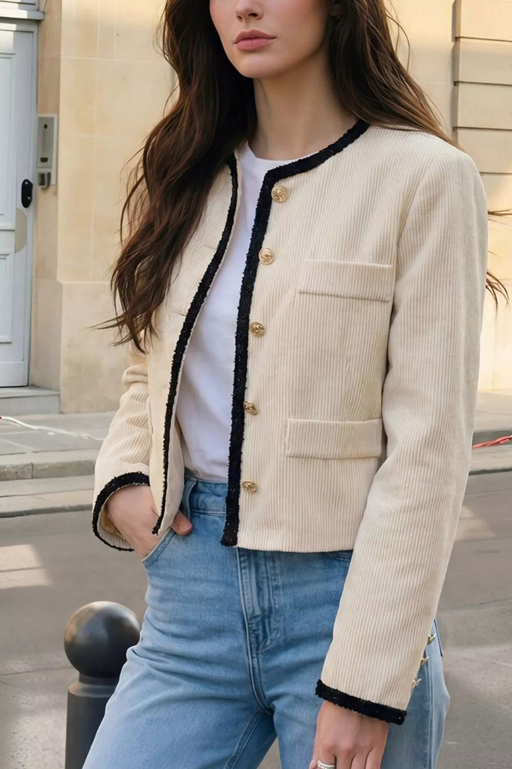 Contrast Trim Cropped Outerwear - Lilixa.store