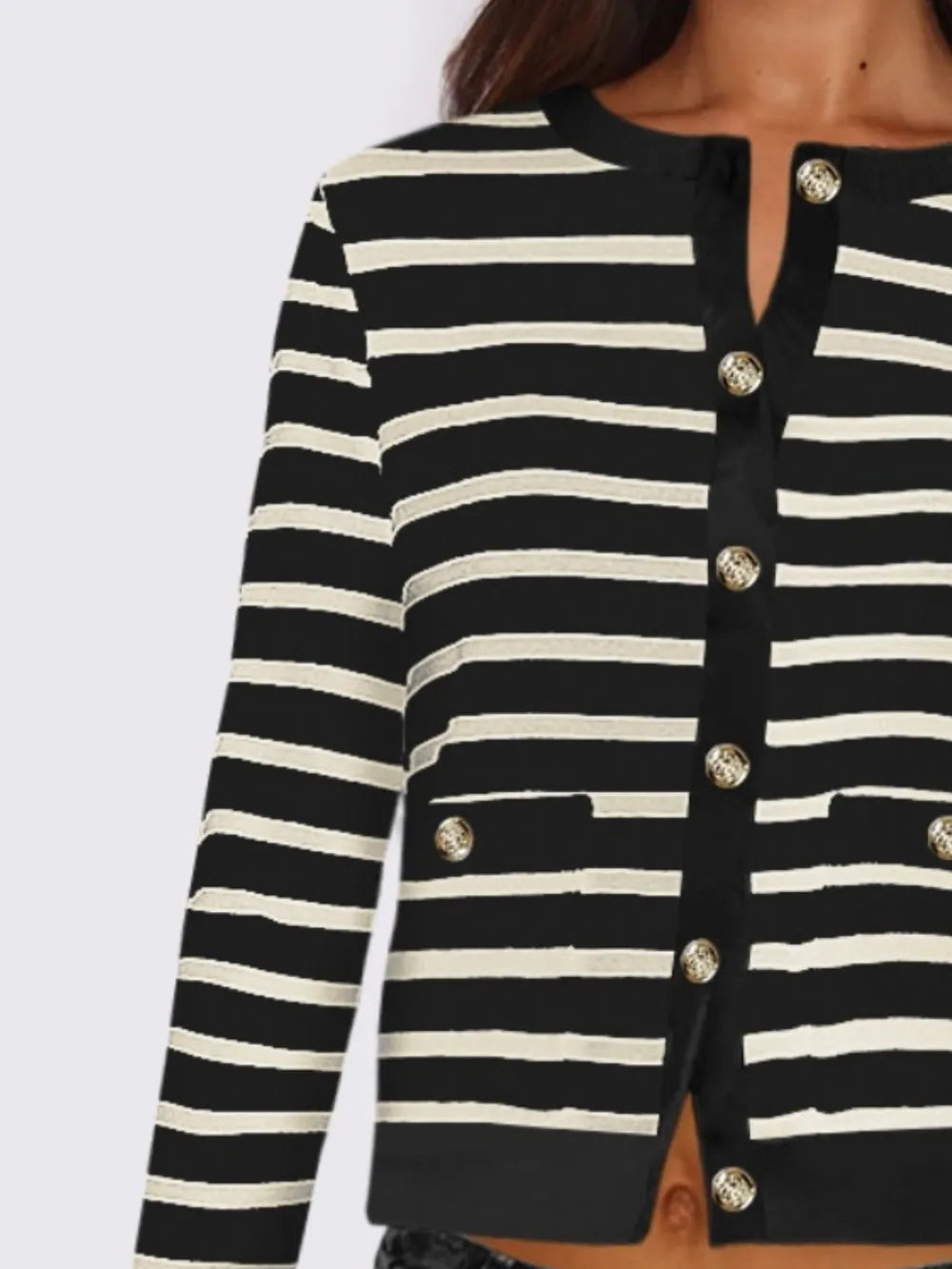 Striped Round Neck Button Up Long Sleeve Cardigan - Lilixa.store