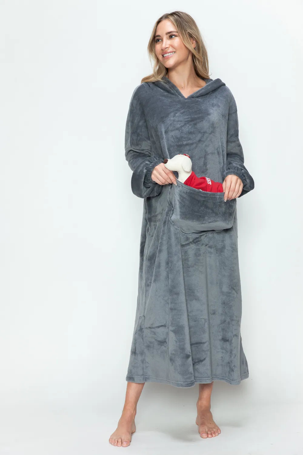 Double Take Full Size Pocketed Hooded Midi Lounge Dress in Dark Gray
