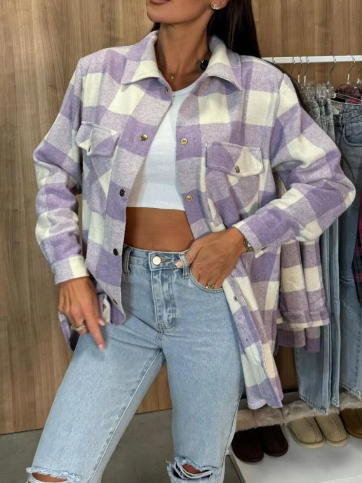 Plaid Button-Down Long Sleeve Shacket in Purple