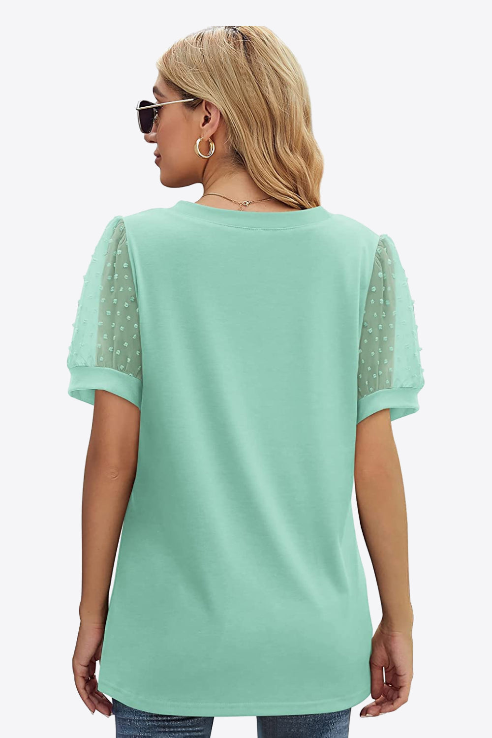 Swiss Dot Puff Sleeve V-Neck Tee - Lilixa.store