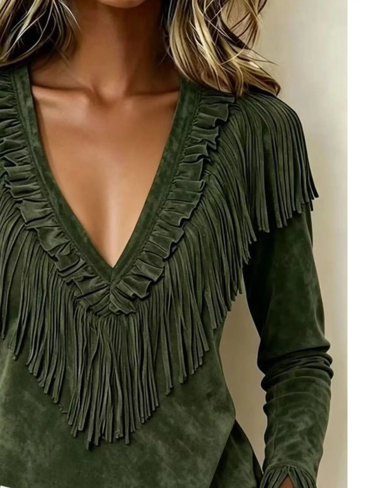 Fringed V-Neck Blouse