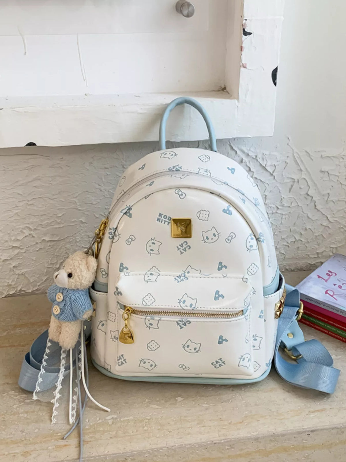 Cartoon Pattern Backpack Bag with Bear Pendant - Lilixa.store