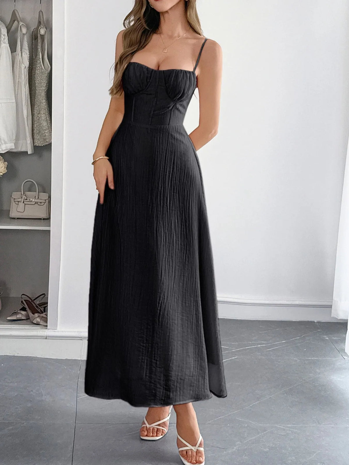 Texture Sweetheart Neck Backless Cami Dress - Lilixa.store