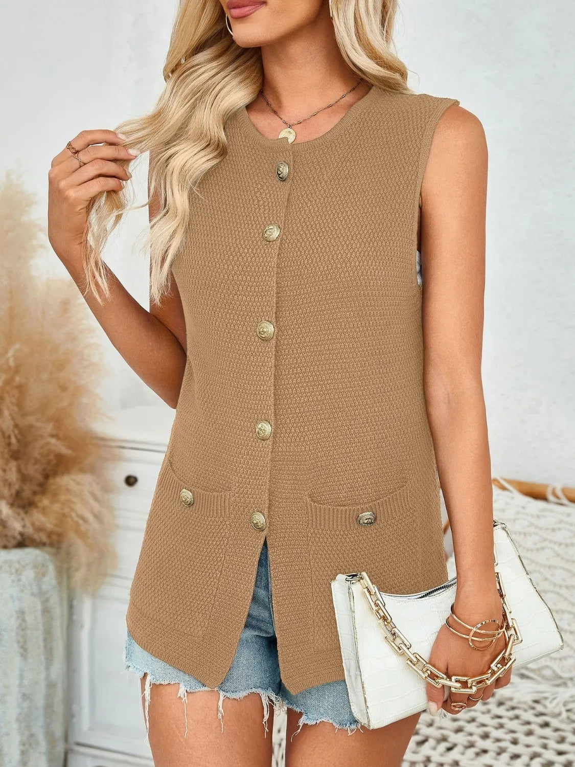 Button Down Round Neck Knit Vest, view 6