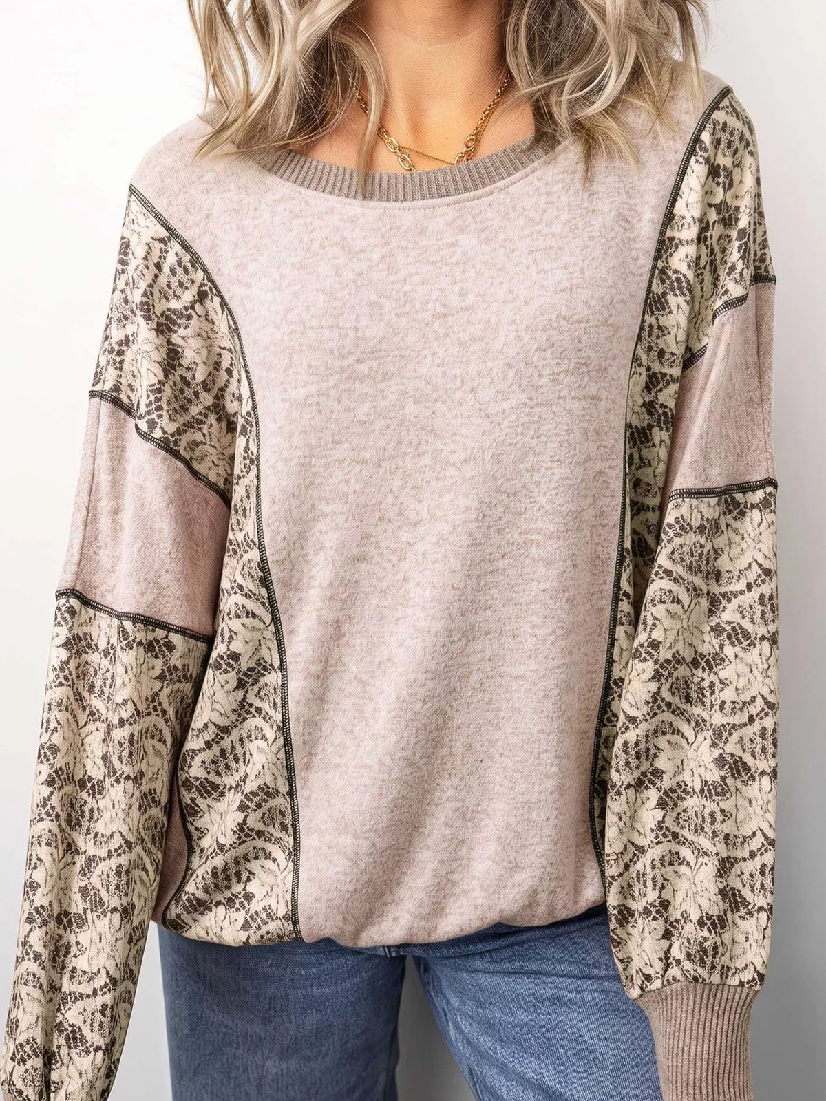 Floral Print Round Neck Long Sleeve Shift Top - Lilixa.store