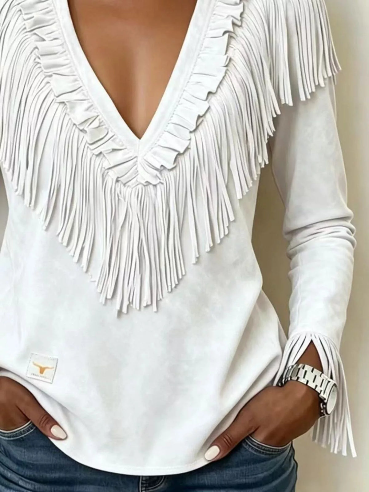 Fringed V-Neck Blouse