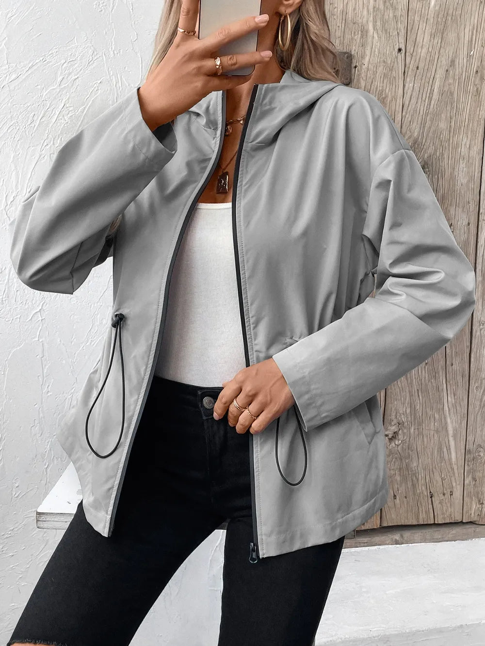 Ivy Lane Drawstring Zip Up Hooded Jacket, view 5