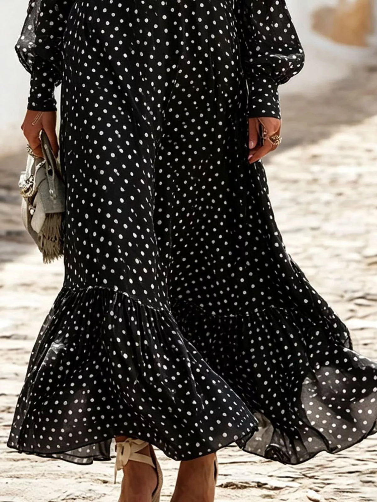 Full Size Polka Dot Ruffle V-Neck Maxi Dress Plus Size - Lilixa.store