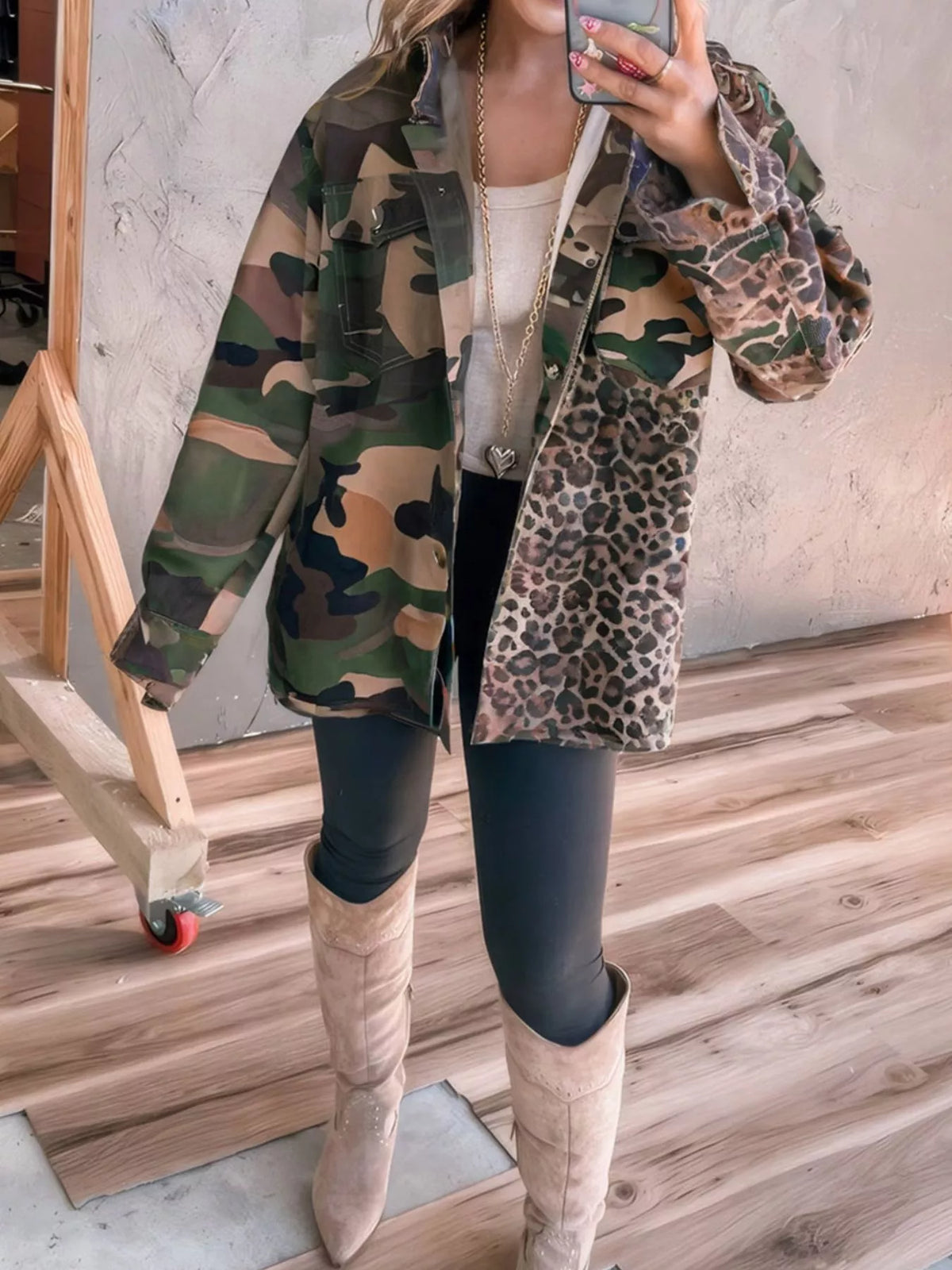 Camouflage Leopard Print Mixed Pattern Oversized Jacket in Green Camouflage, view 2