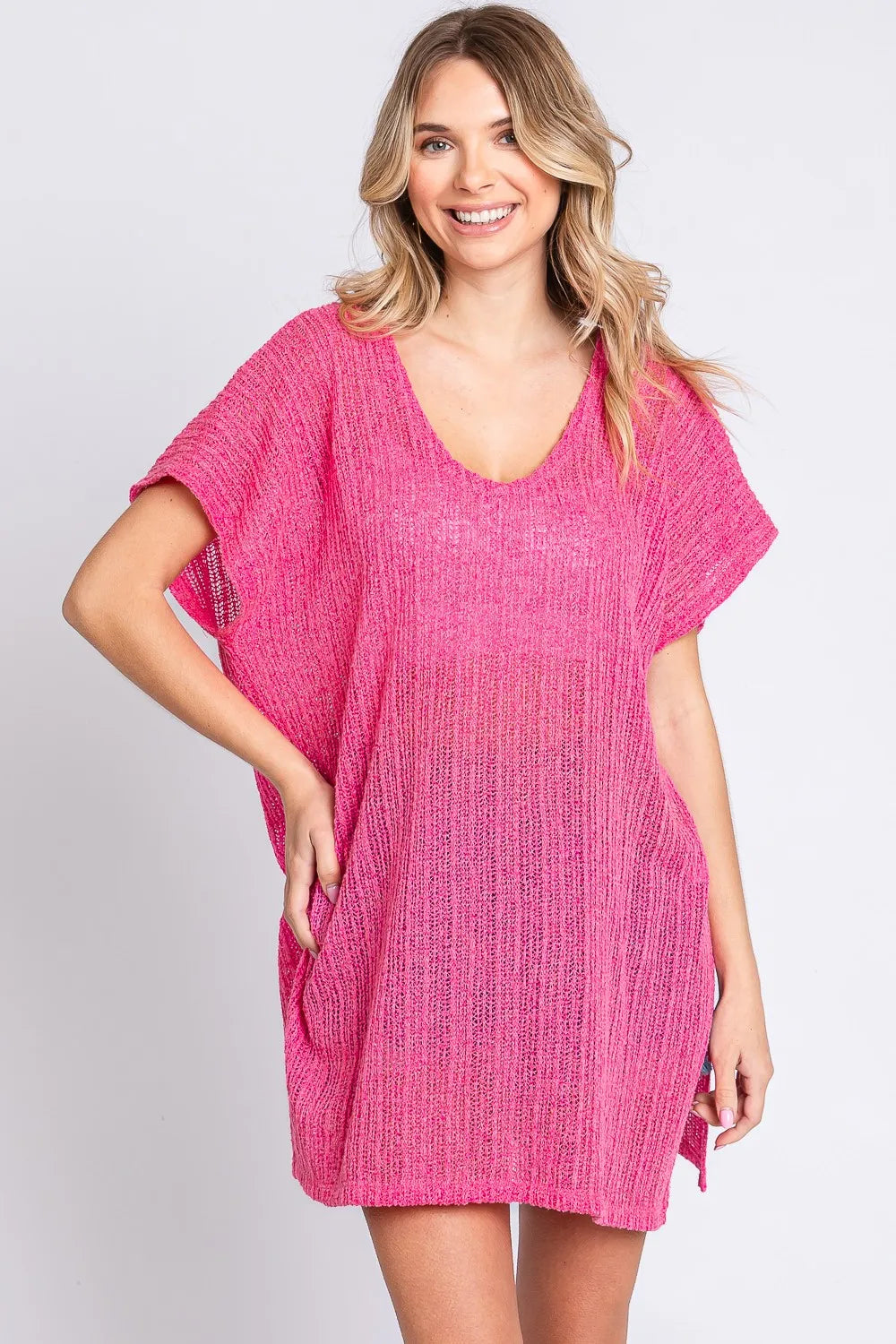 GeeGee Short Sleeve Side Slit Knit Cover Up Dress - Lilixa.store