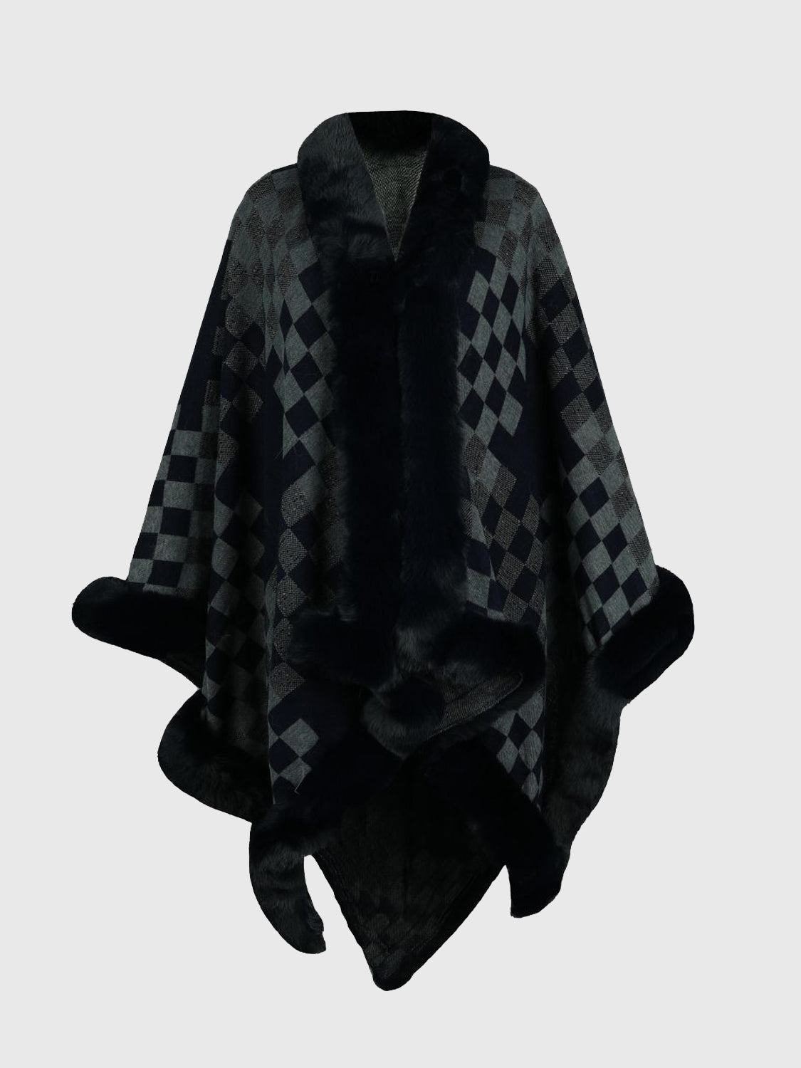 Checkered Faux Fur Trim Poncho in Charcoal