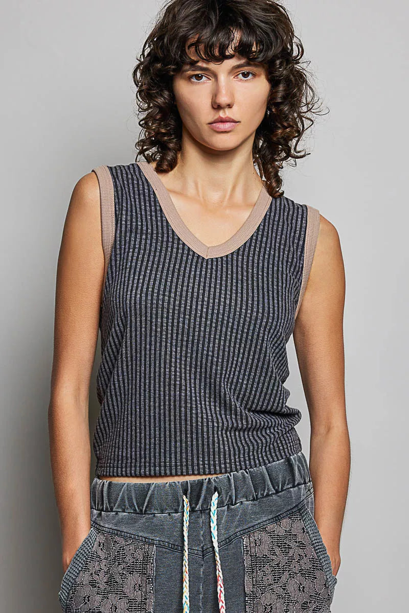 POL V-Neck Contrast Ribbed Sleeveless Tank - Lilixa.store