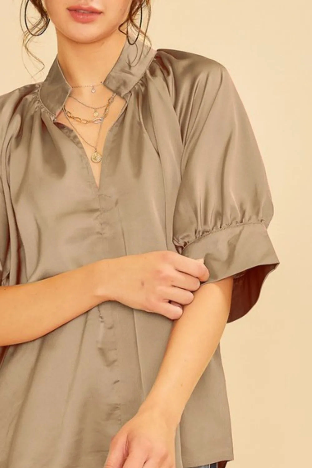 Annie Wear Satin V Neck Open Short Sleeve Woven Blouse Top in Mocha, view 2