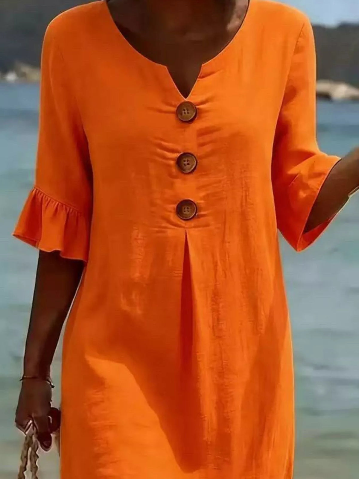 Full Size Decorative Button Ruffle Half Sleeve Dress Plus Size - Lilixa.store