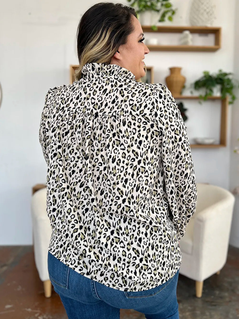 Double Take Full Size Leopard Long Sleeve Blouse - Lilixa.store
