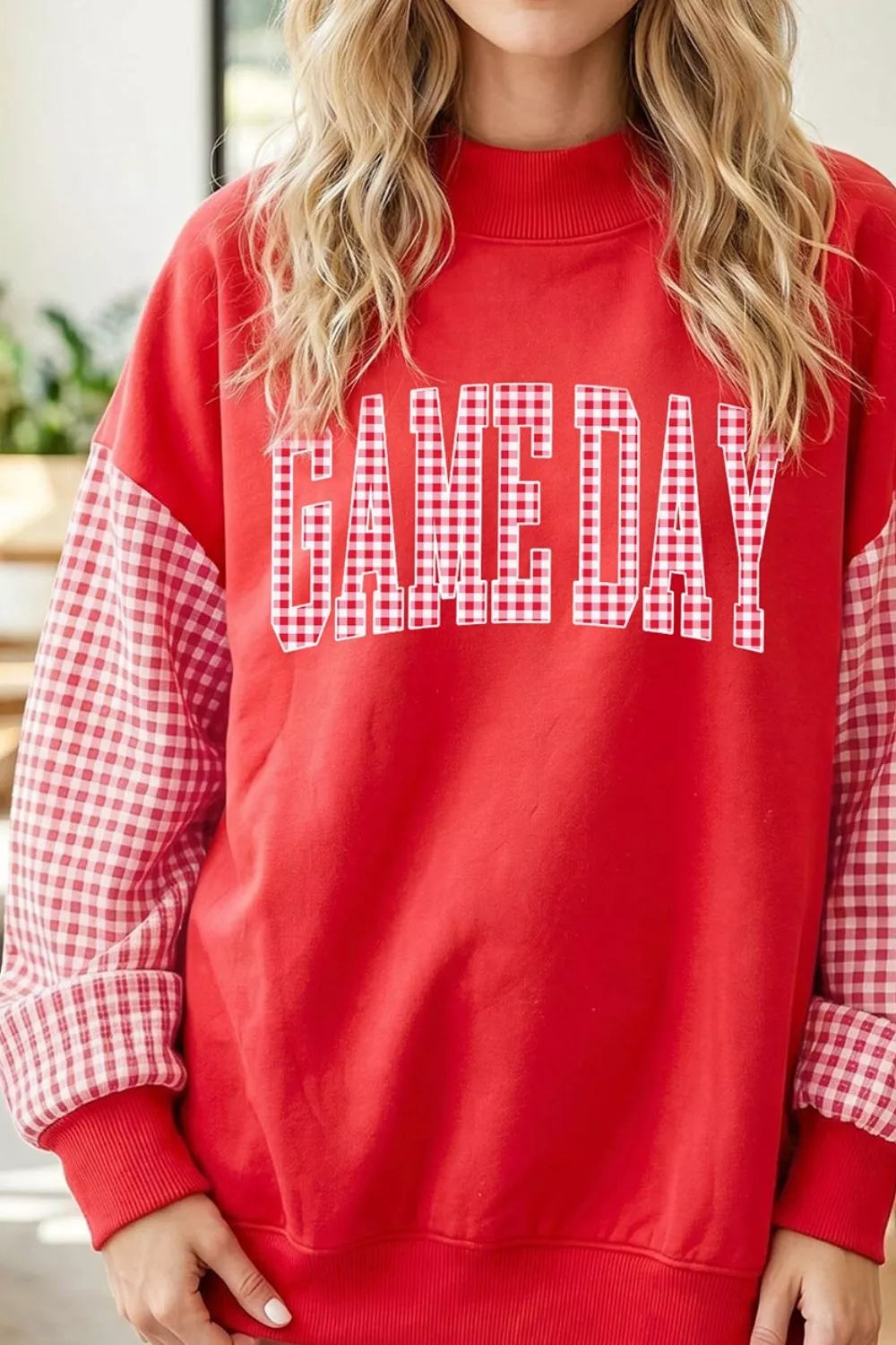Game Day Plaid Sleeve Mock Neck Sweatshirt - Lilixa.store